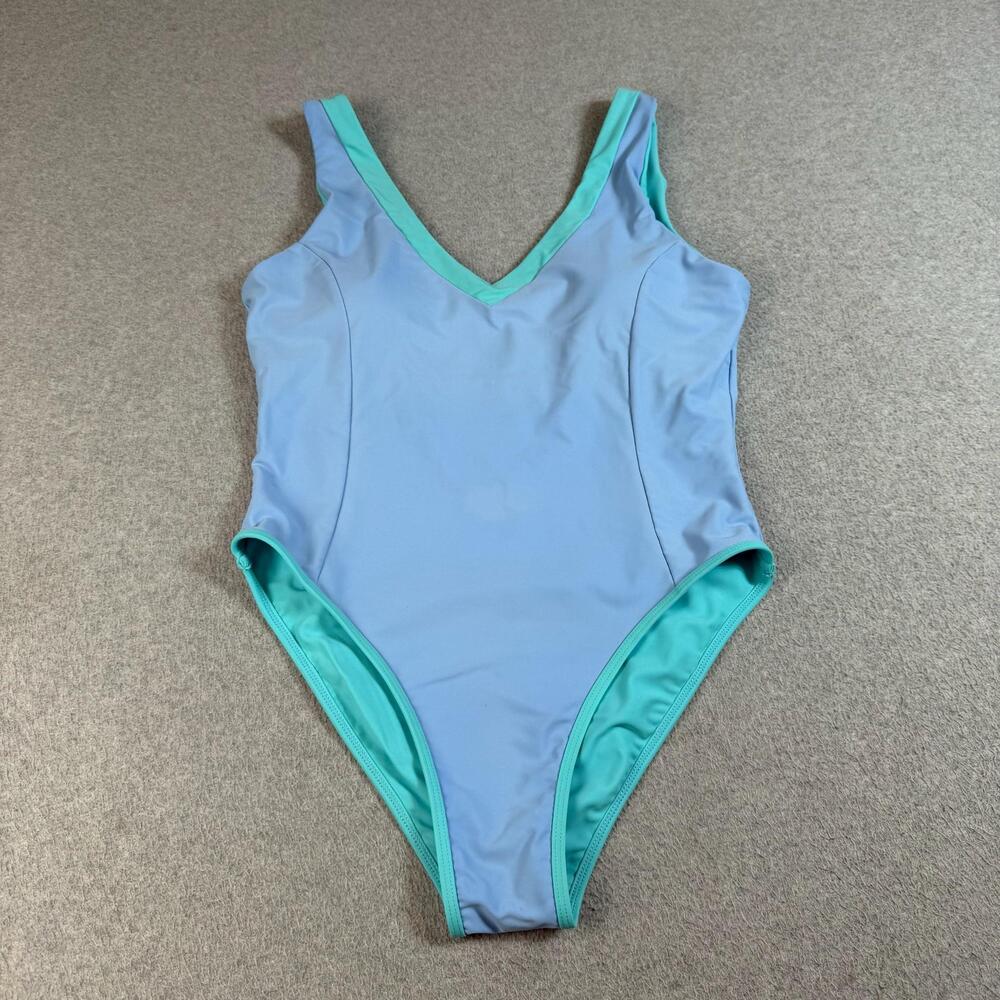 93 Play Street Swimsuit XL Blue One Piece V Neck Aqua Trim Stretch High Leg Beac